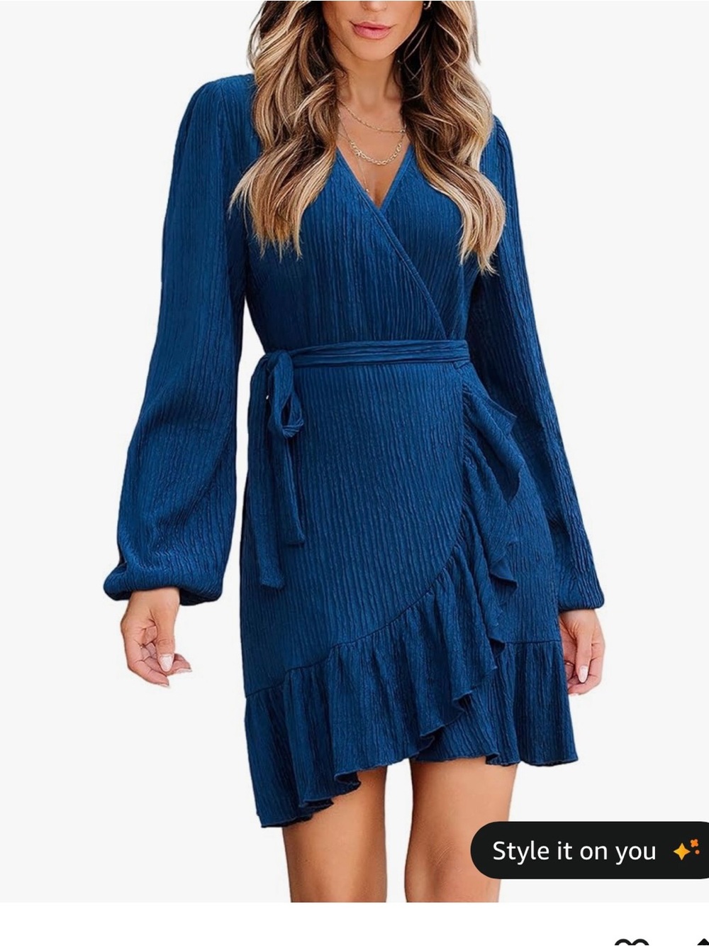 CUPSHE Women’s Dark Blue Ruched Long Sleeve Wrap Style Teal Dress L